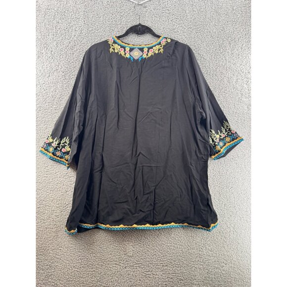 Higustar Tunic Multicolor Floral Embroidery & 3/4 Sleeves Black Size 2XL NEW - Picture 2 of 12